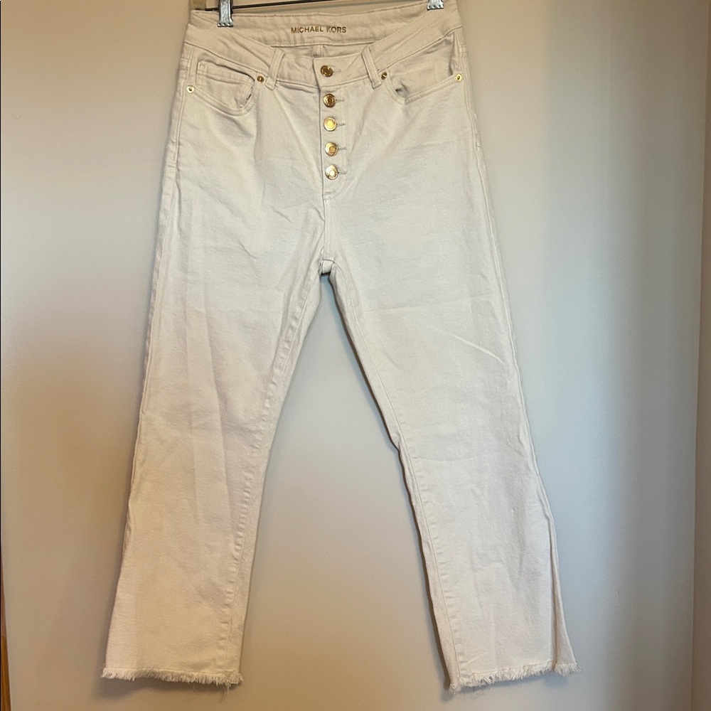 Micheal Kors cream color denim jeans gold button frayed cuff VG condition size 6